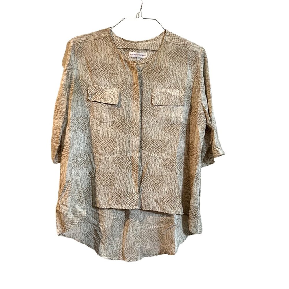 Amanda Uprichard Silk Brown Snake Reptile Print Hi Lo Button Shirt Size Large